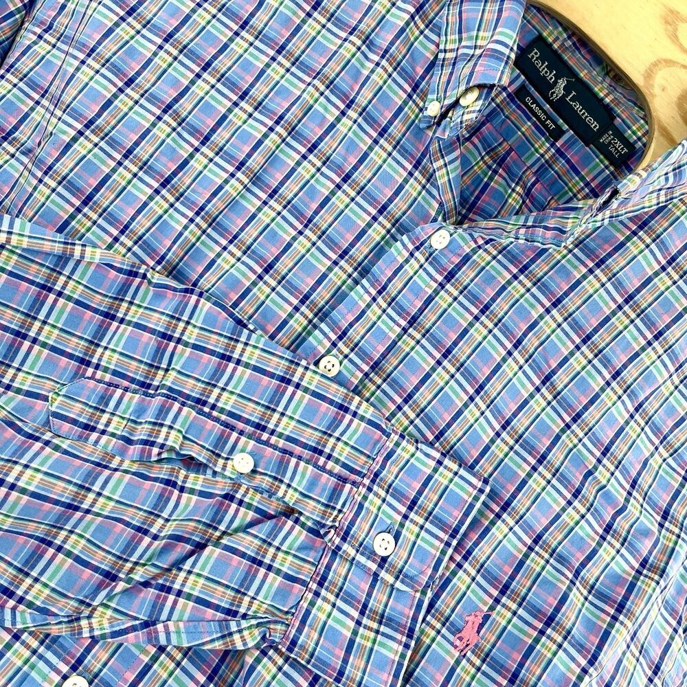 Polo Ralph Lauren Mens 2XLT Classic Fit Blue Pink Pony Button Down Plaid